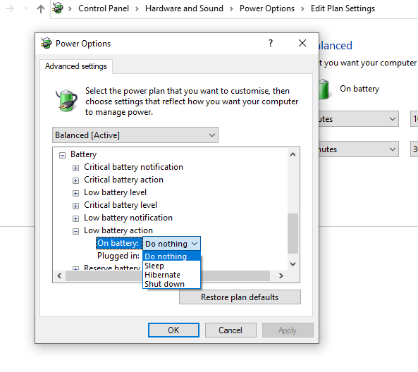 Power Options Windows Battery