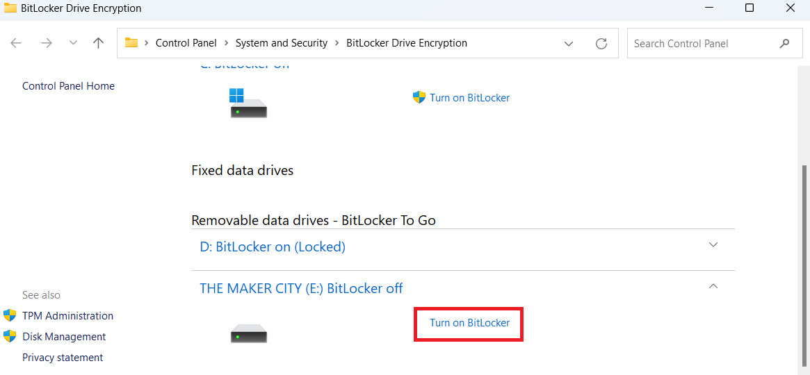 Click on Turn on BitLocker