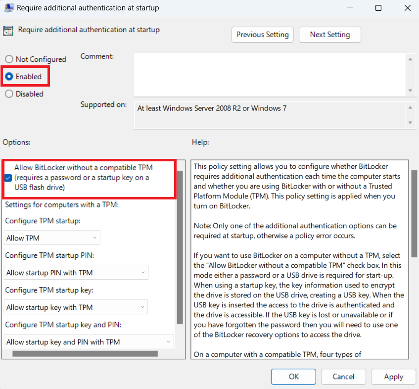 Allow BitLocker without a compatible TPM
