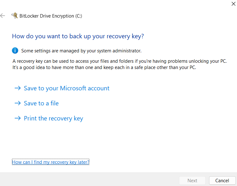 Choose your preferred method to back up your recovery key