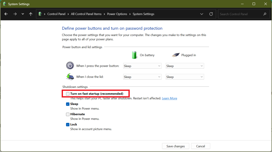 高速スタートアップをオフにする