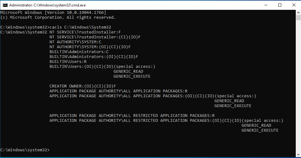 Now, to get file permissions for the the Sys32 folder, type in the command: cacls C:WindowsSystem32