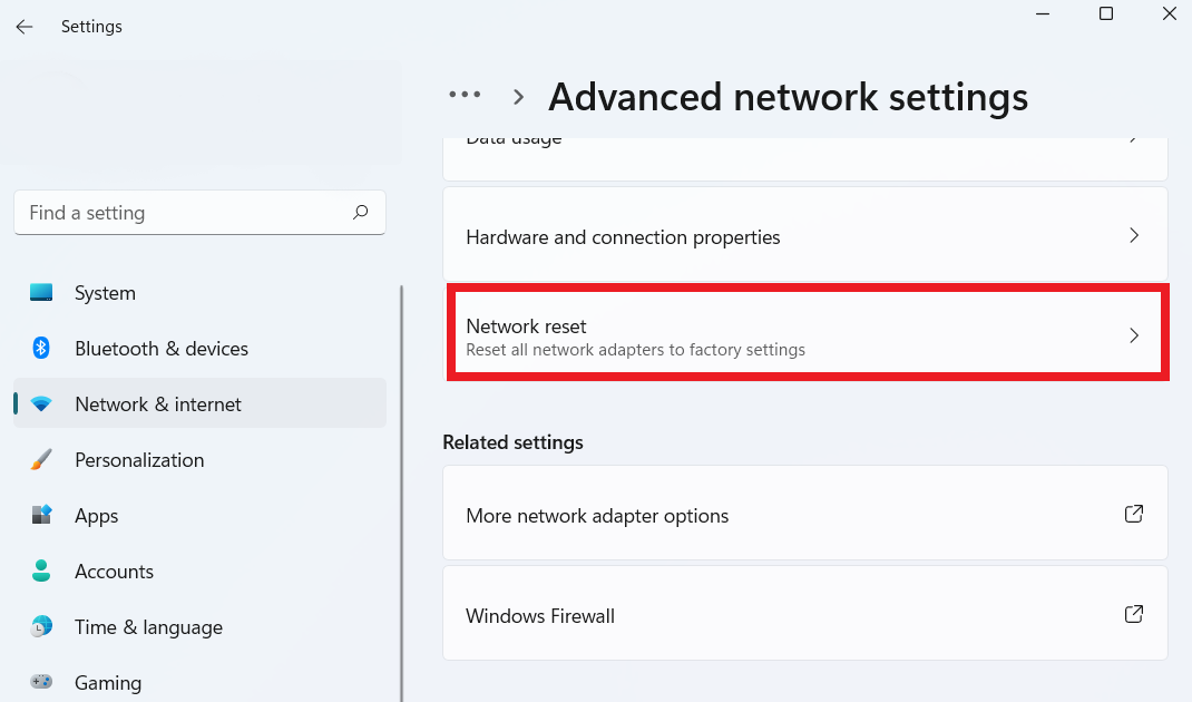 Advanced network settings Network reset