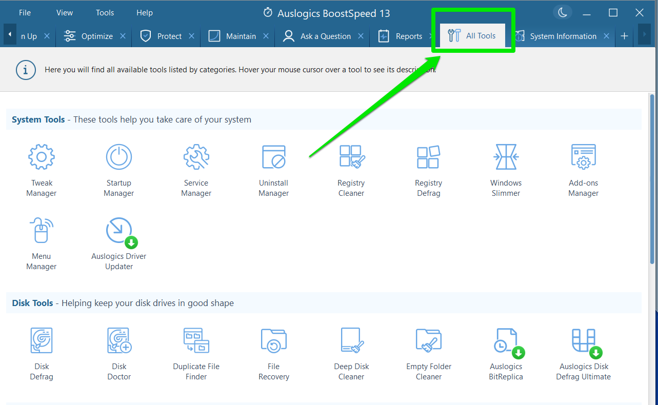 Auslogics BoostSpeed 13 All Tools