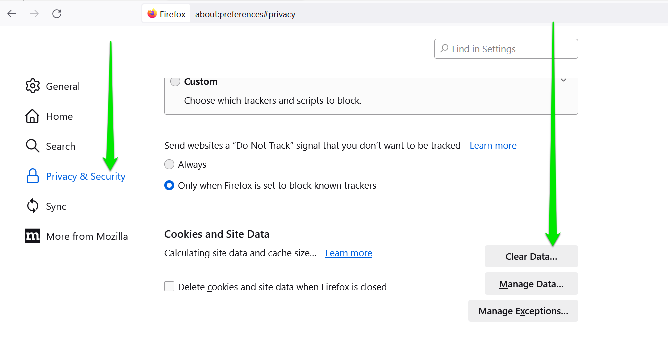Clear Data on FireFox