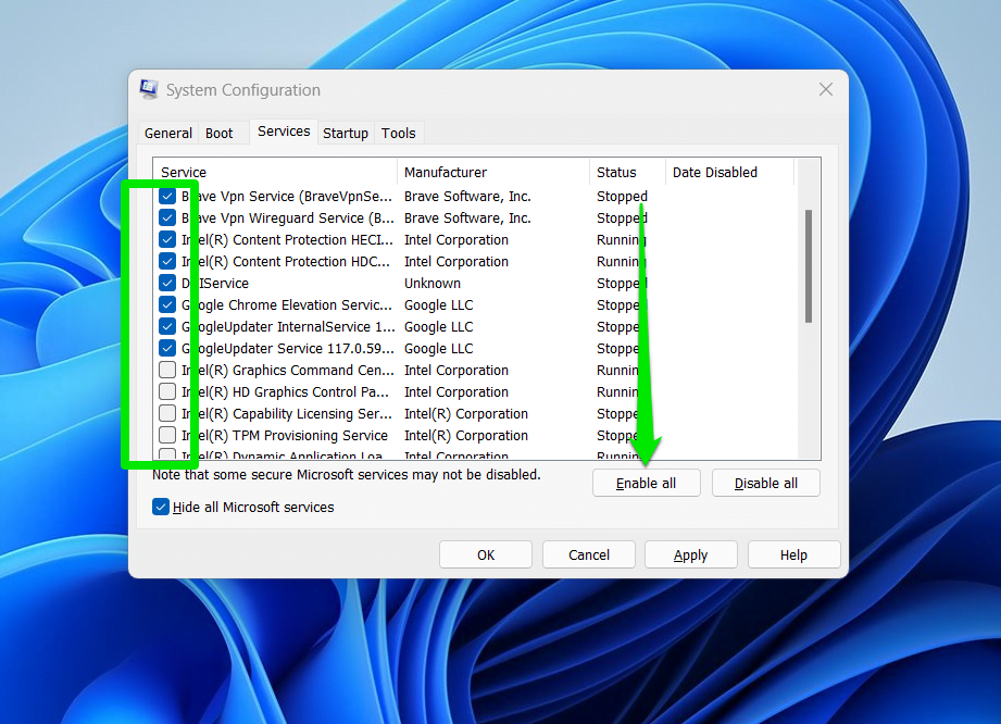 Enable startup services Windows 10