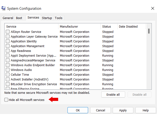 Select Hide all Microsoft Services