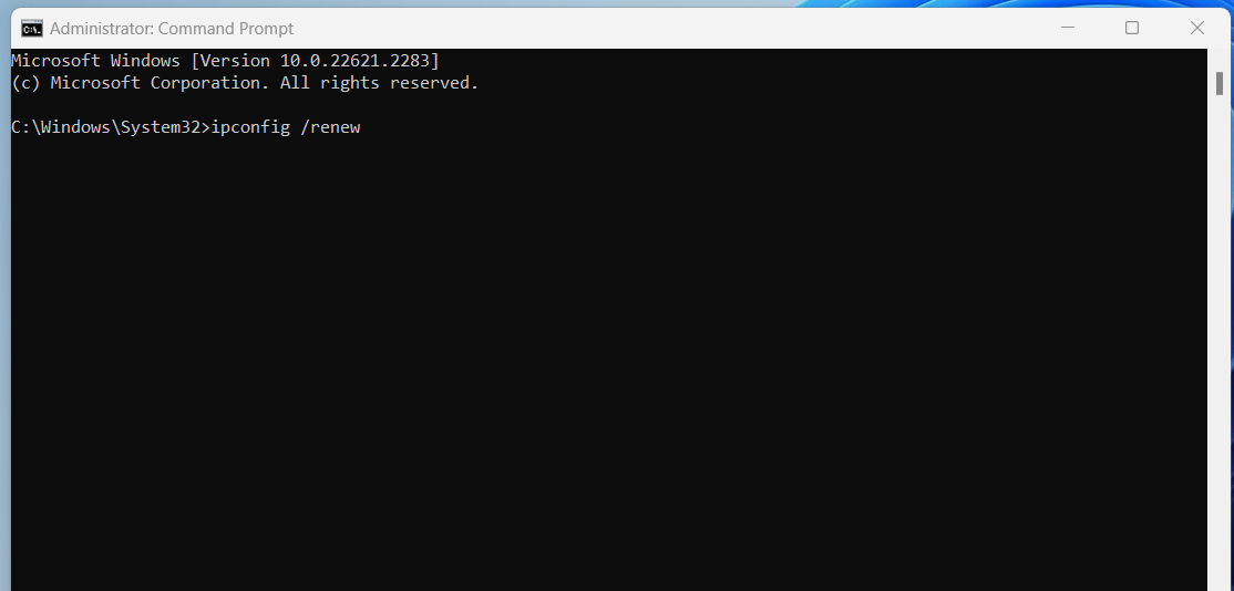 Type ipconfig /renew and hit Enter.