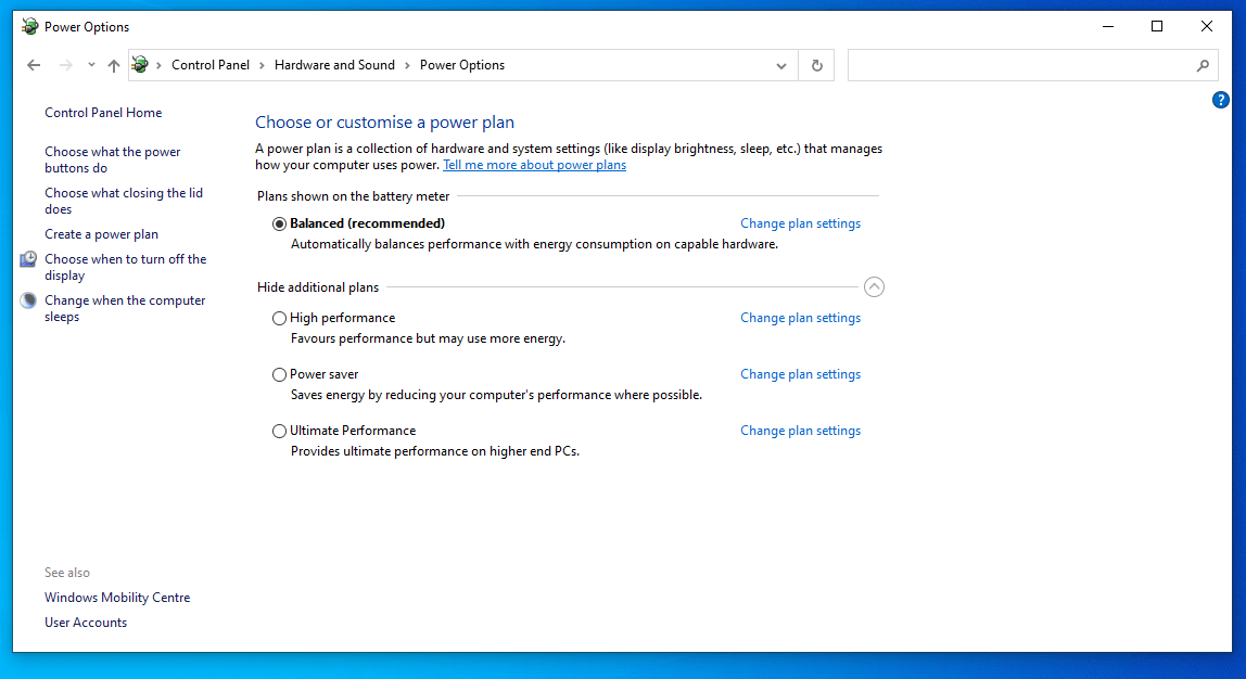 Power Options Windows 10