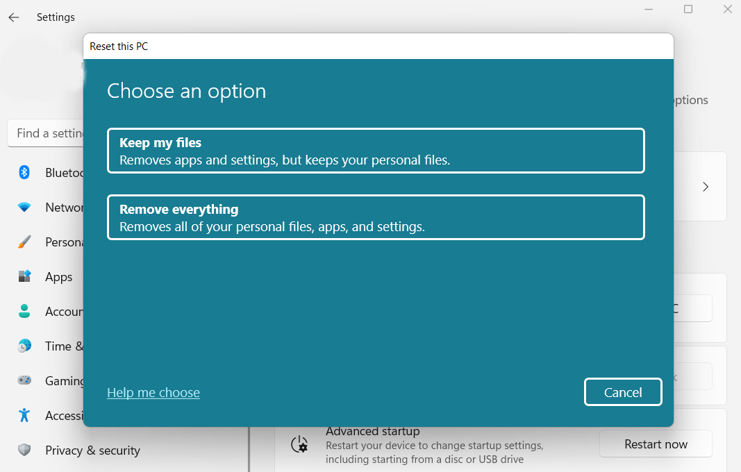f you select Keep my files, the system will delete the settings and applications on the PC