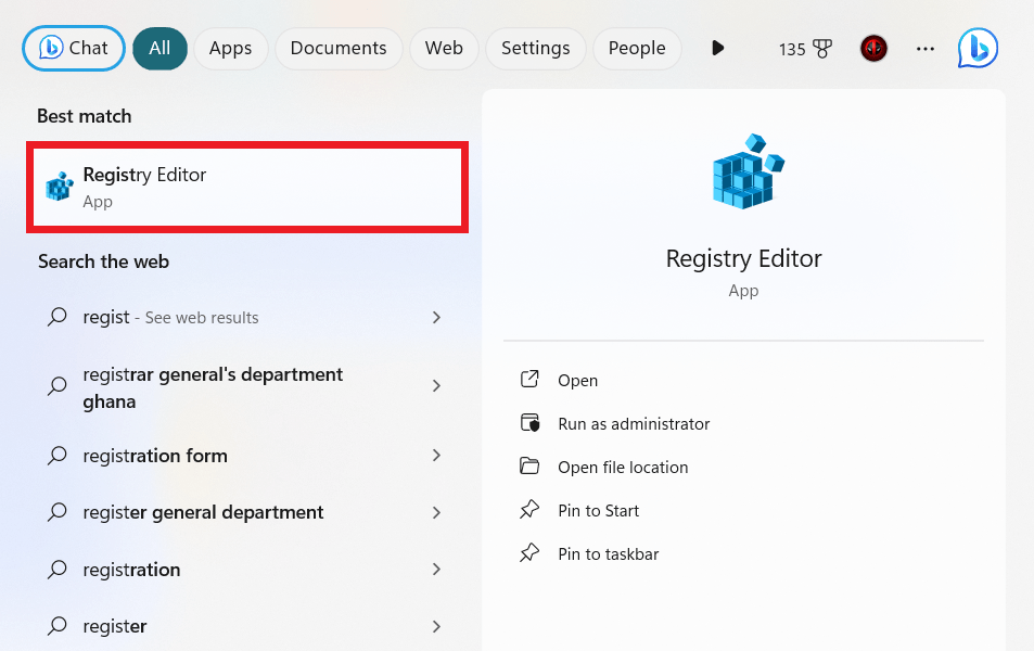 Type registry editor in the search bar and click the best match