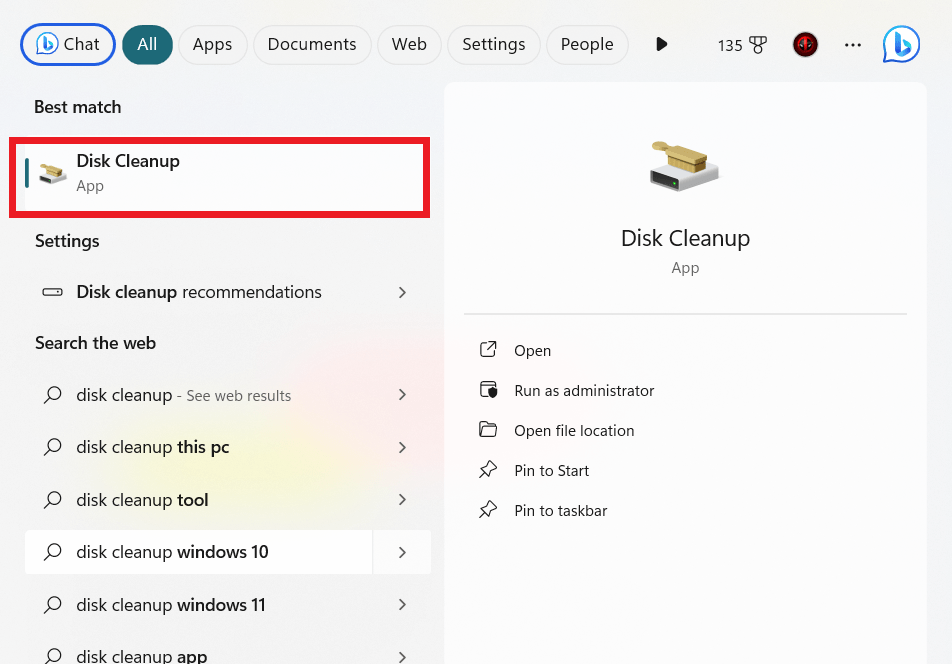 Type Disk Cleanup in the search bar and click the best match