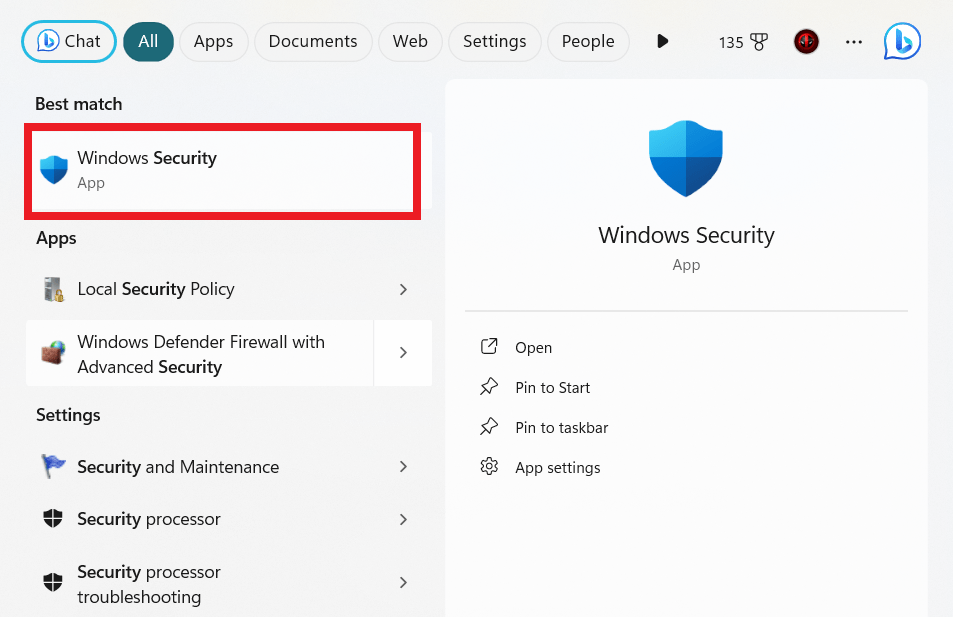 Type Windows Security in the search bar and click the best match to open the app