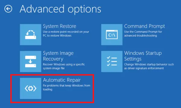 Under Advanced options, click on Automatic Repair (or Startup Repair)