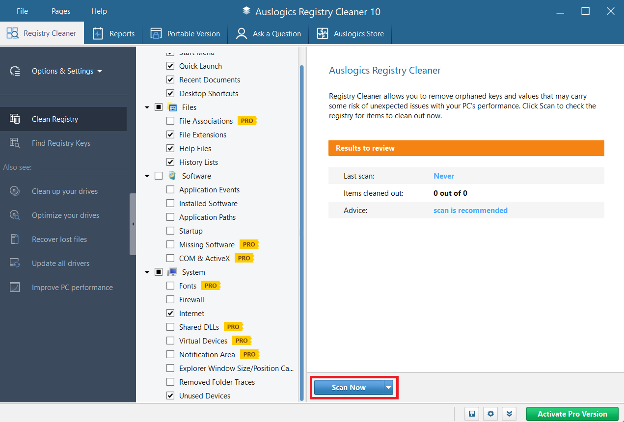 Open the application and click on Scan Now to perform a full registry scan