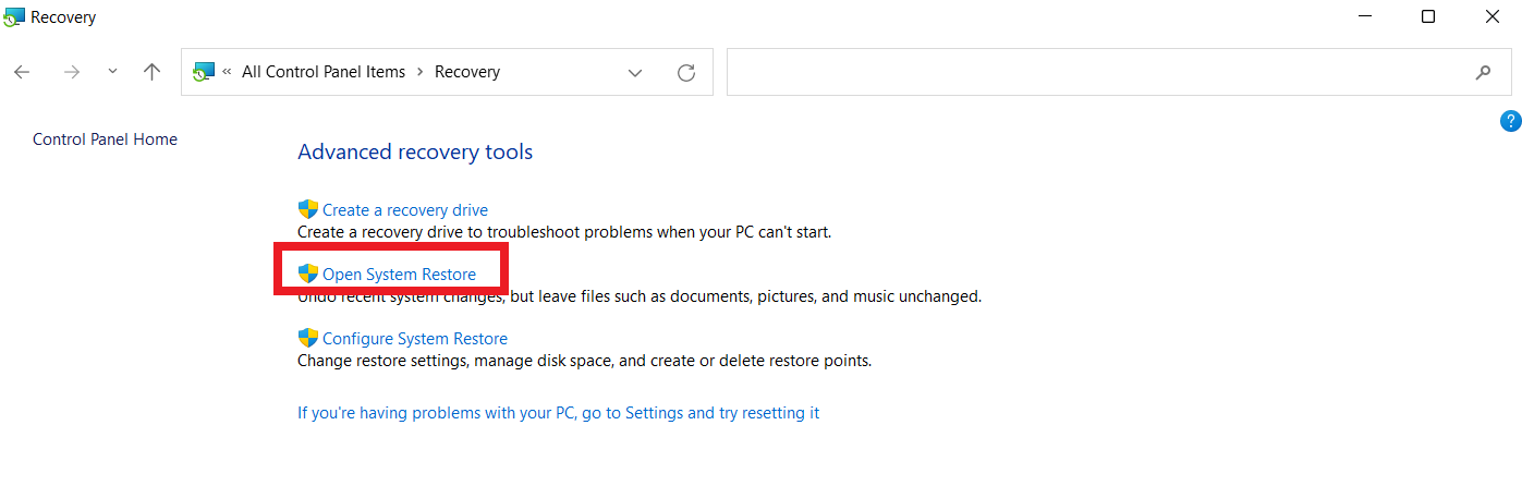 Click Open System Restore