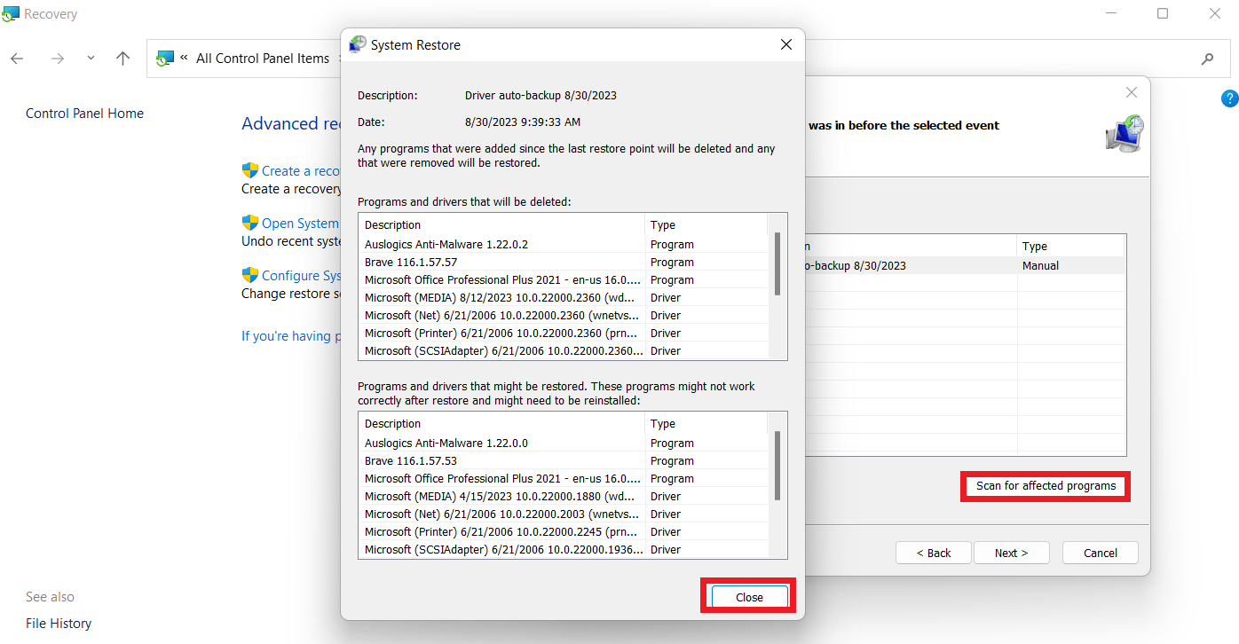 Select Scan for affected programs to check the list of drivers and programs that will be affected by the restore