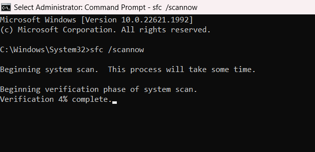 Type the sfc /scannow command and press Enter