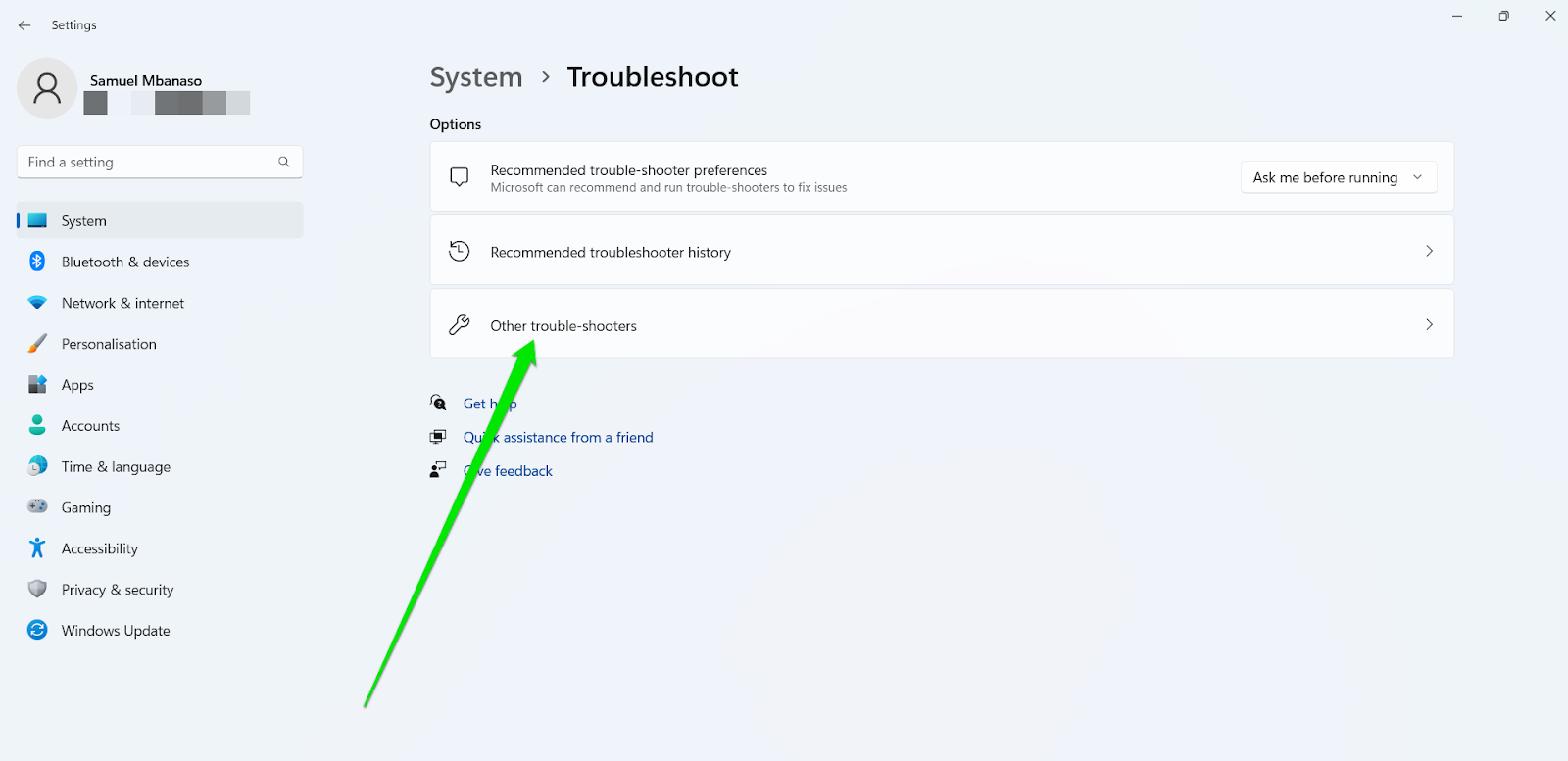 Select Other Troubleshooters on the System > Troubleshoot page.