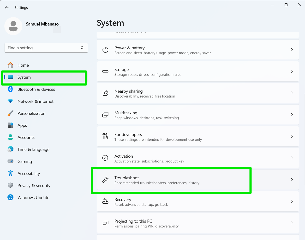 System > Troubleshoot