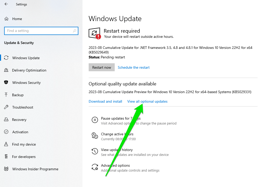 View all optional updates Windows 10