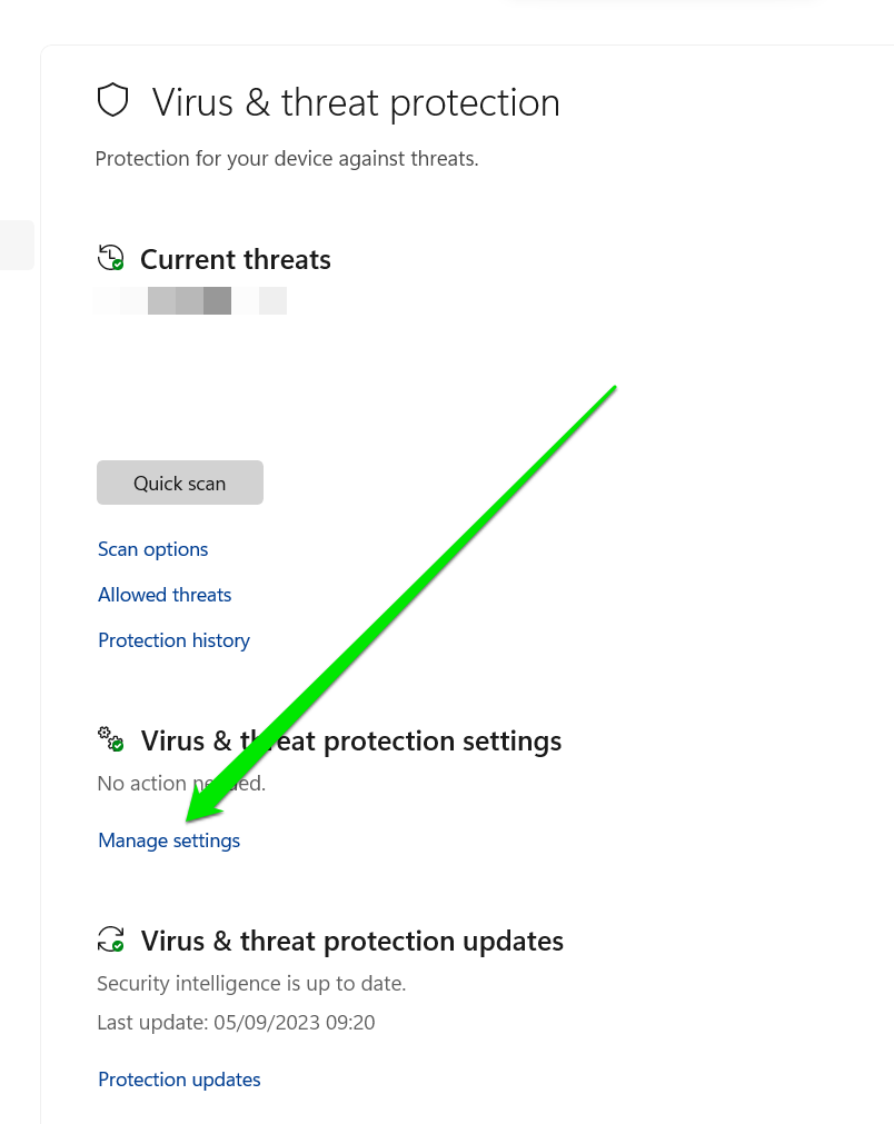 Virus and Threat Protection Manage Settings