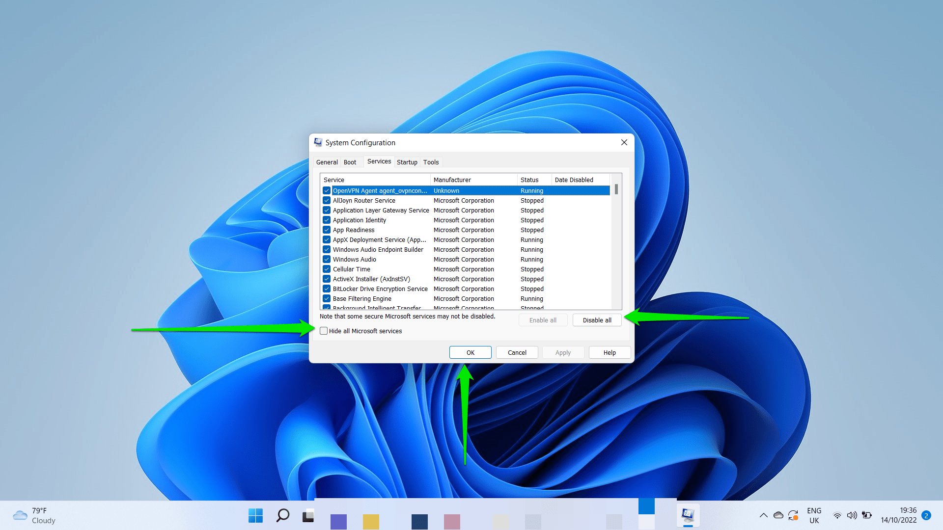 Click on the check box beside “Hide all Microsoft services, then click on Disable All