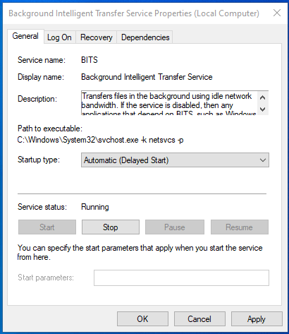 In the BITS Properties dialog, change the startup type to <em>Automatic (Delayed Start)</em> and click <em>Apply</em>