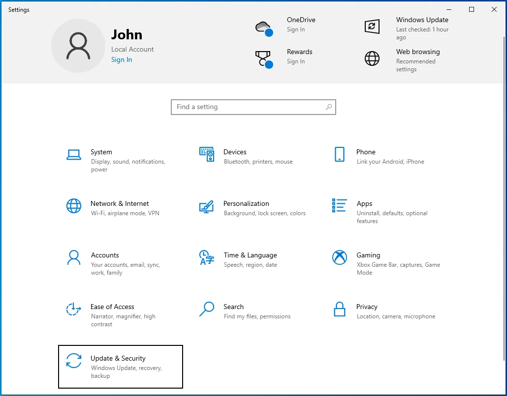 In the Settings window, select <em>Update & Security</em>