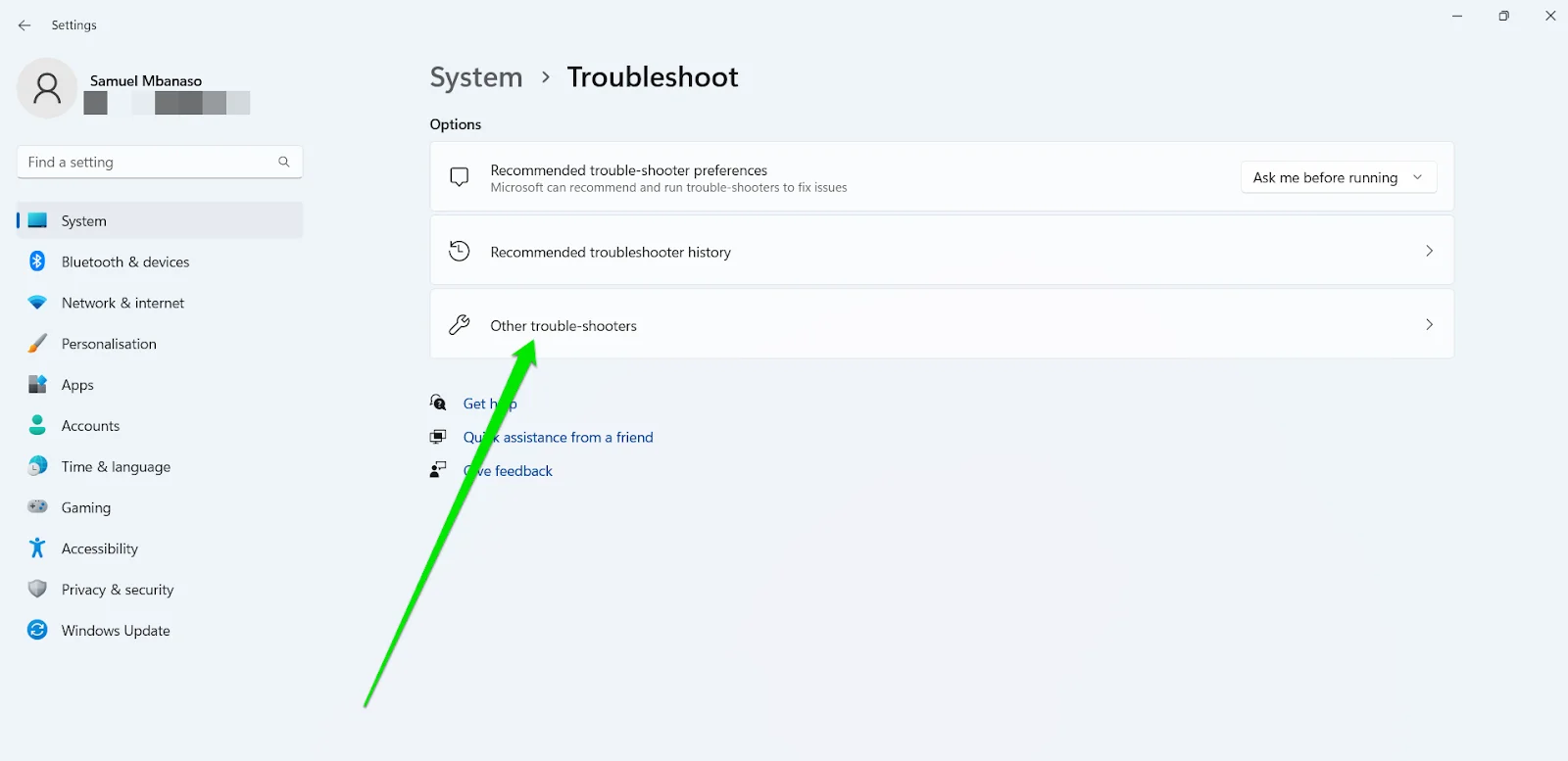 Click on the <em>Other Troubleshooters</em> option when you see the <em>System > Troubleshoot</em> page