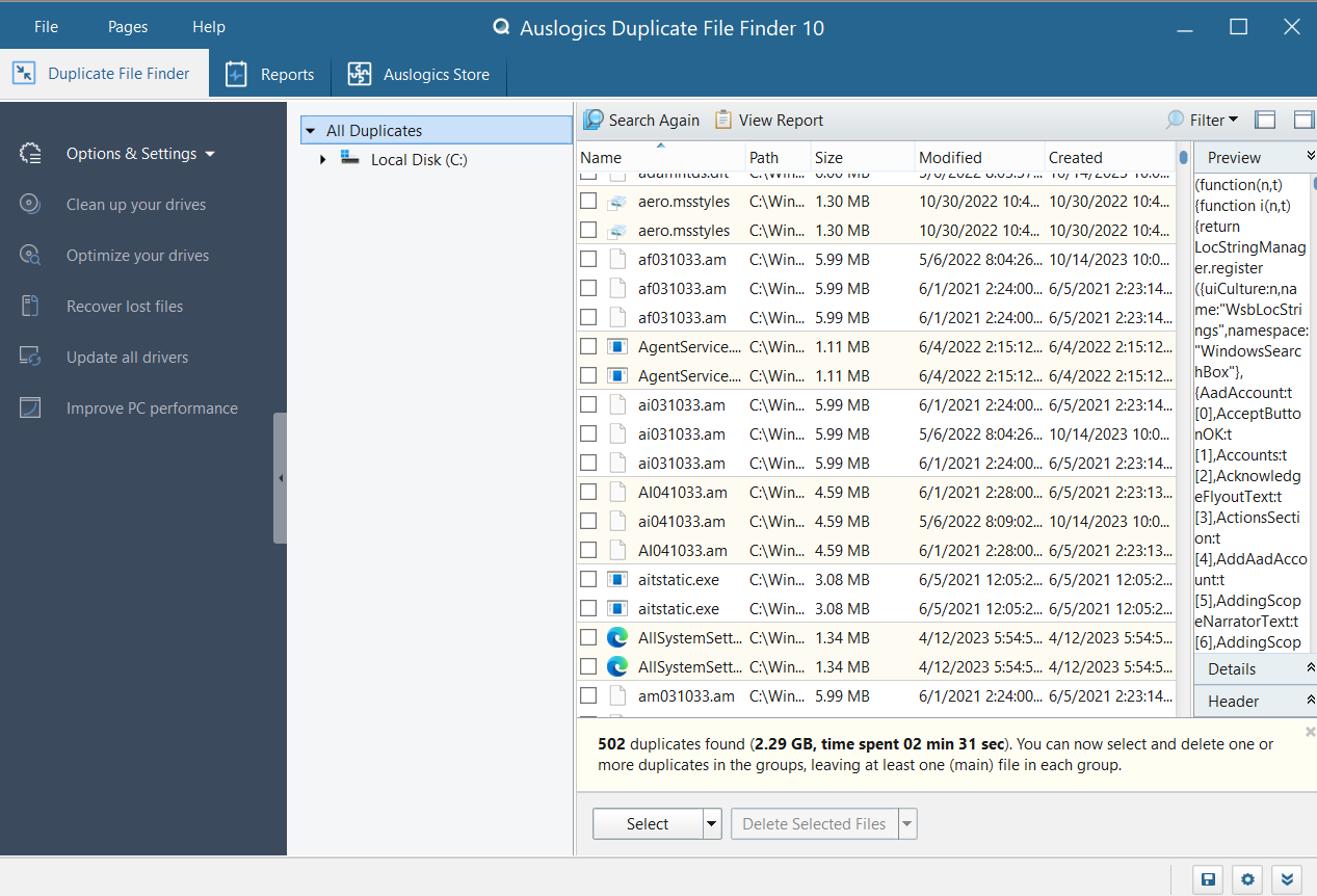 Auslogics Duplicate File Finder 10. Viewing Duplicate Files