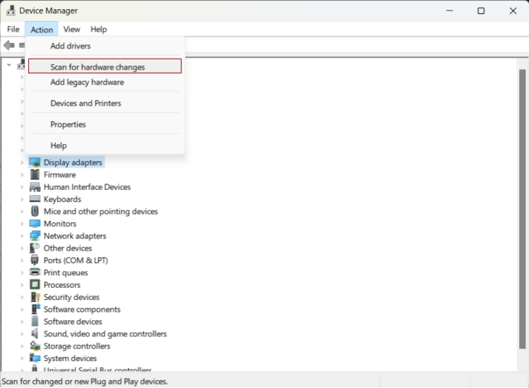 Device manager scan for hardware changes