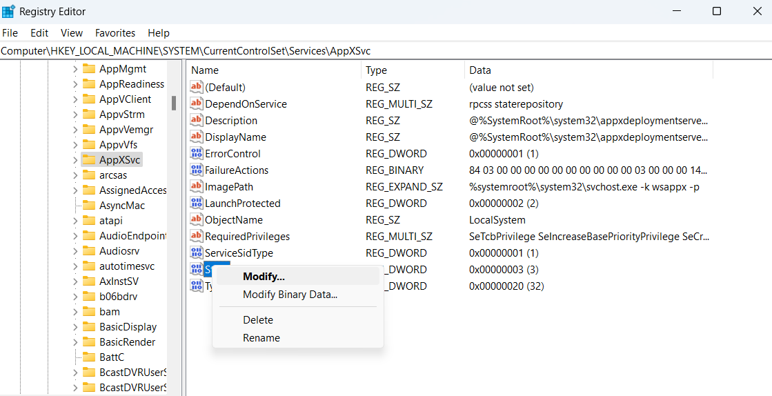 Right-click on “Start” and select “Modify.”