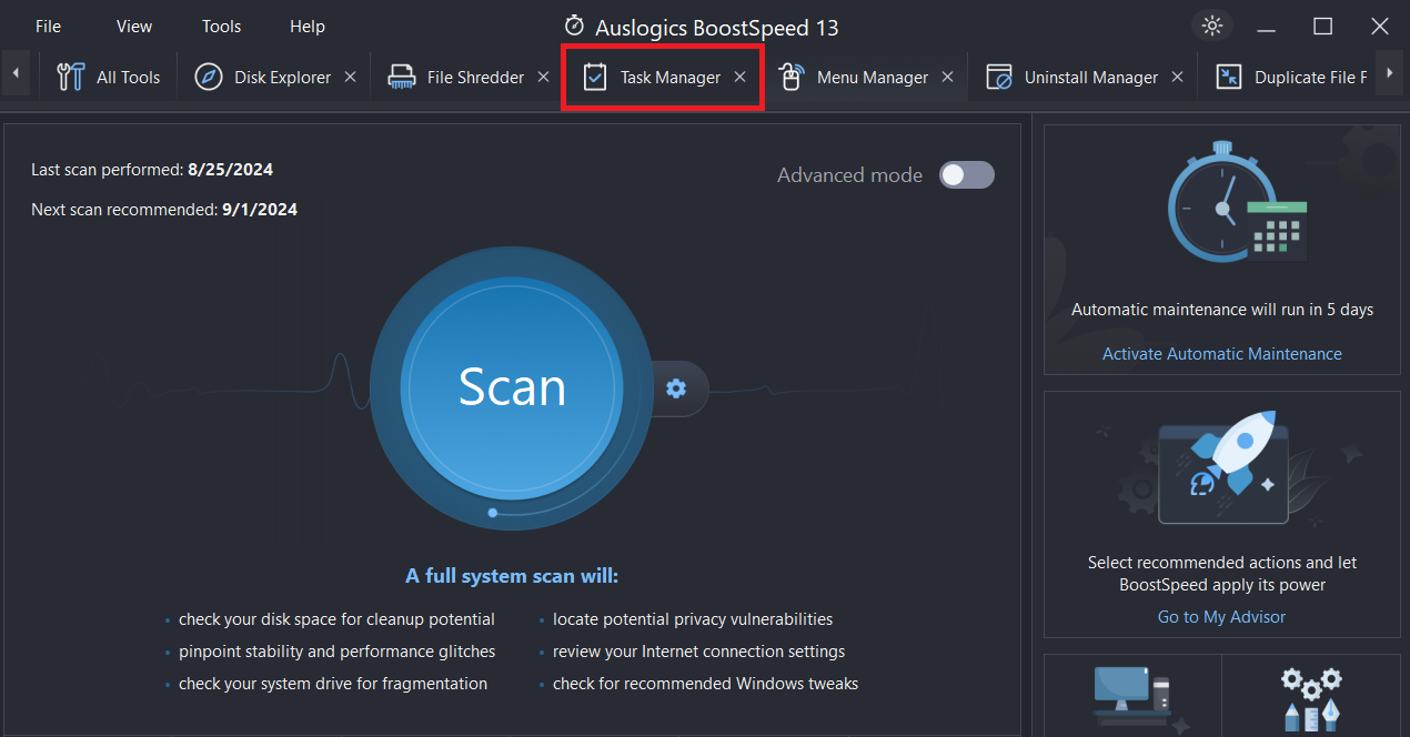 Open Task Manager in Auslogics BoostSpeed