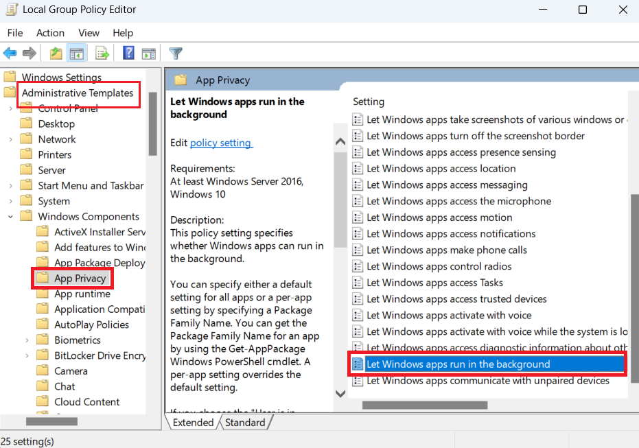 Search for Let Windows apps run in the background