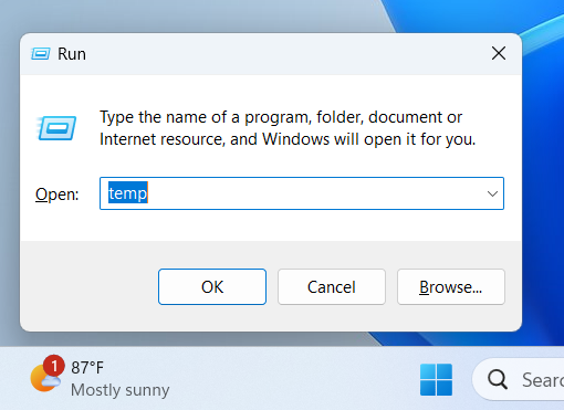 Type in temp and press Enter