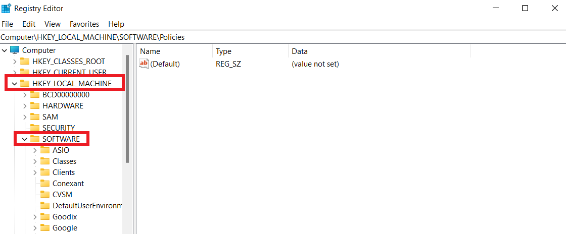 HKEY_LOCAL_MACHINE, Software Policies