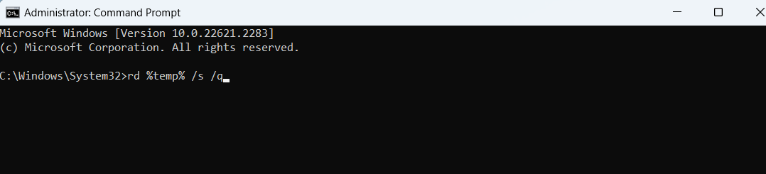 Enter the following command: rd %temp% /s /q