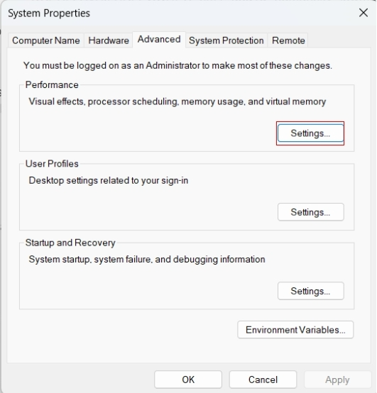 System Properties Settings