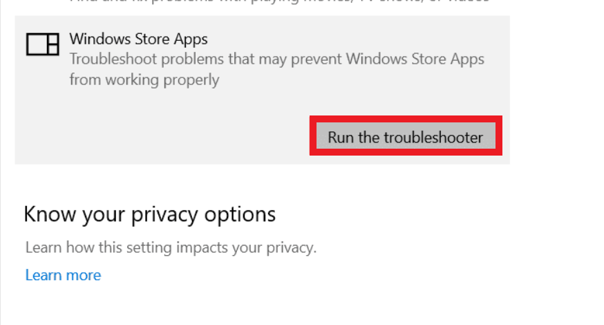 Search and select “Windows Store Apps” under “Other/Additional troubleshooters,” then click “Run.”
