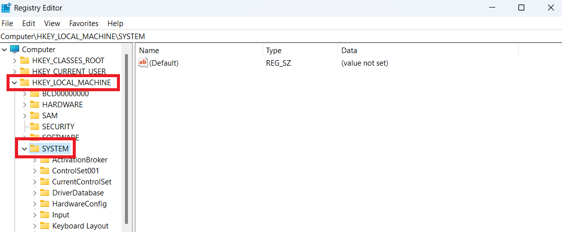 Double-click on “HKEY_LOCAL_MACHINE” and double-click “SYSTEM.”
