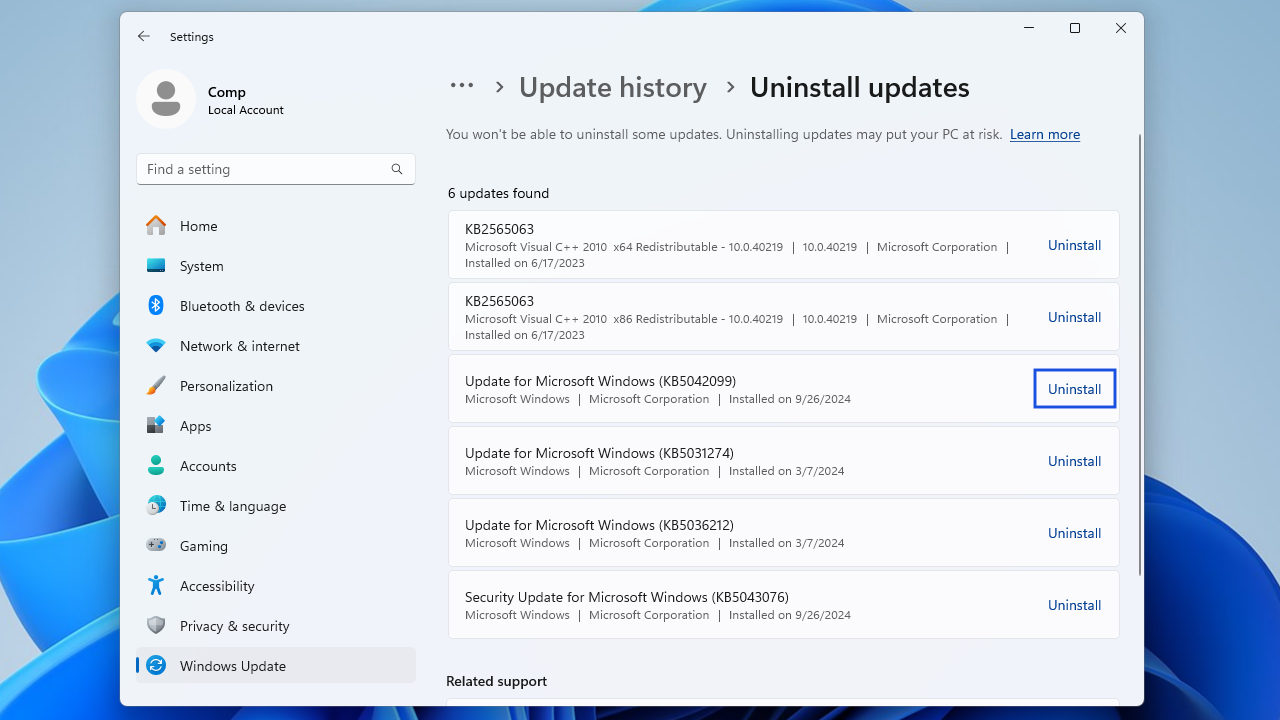 Open the <em>Installed updates</em> page