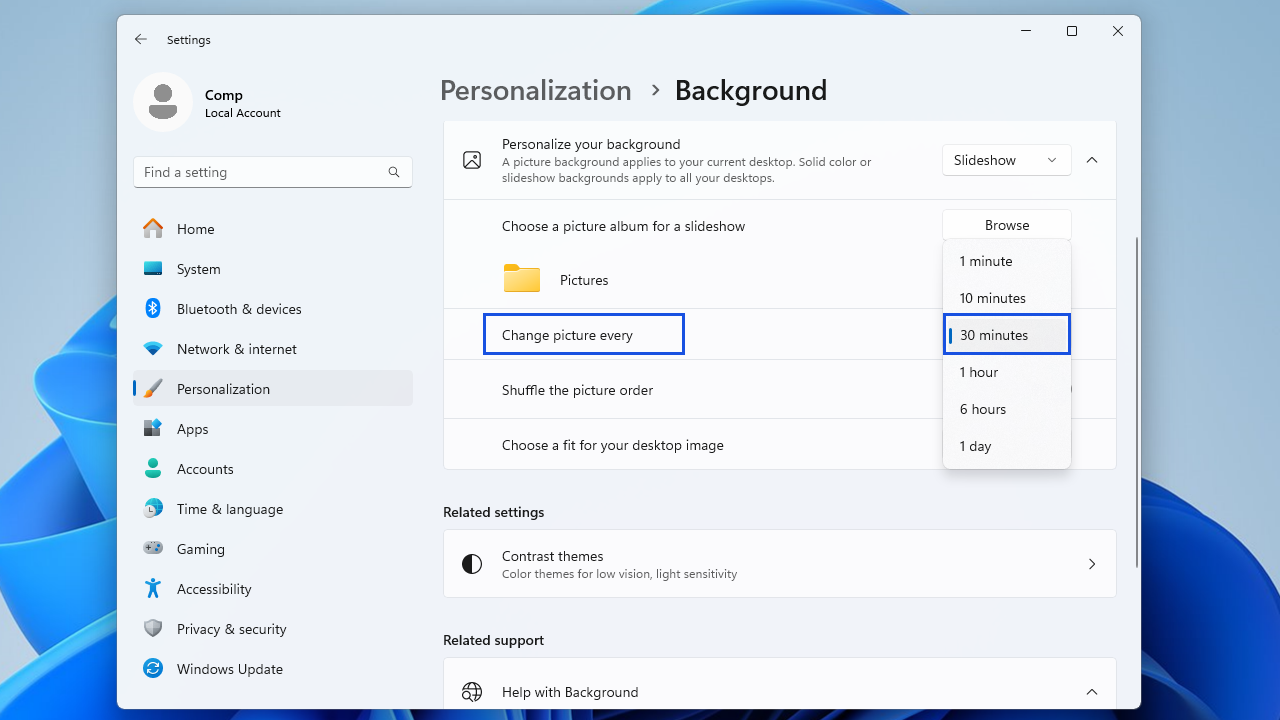 Use the dropdown menu beside change picture every to change the interval.
