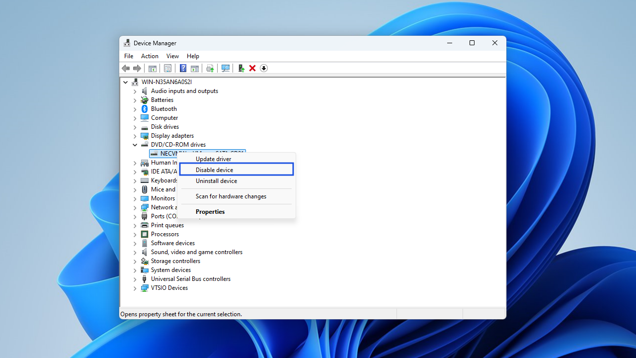 Go to the Driver tab and click the Disable Device button.