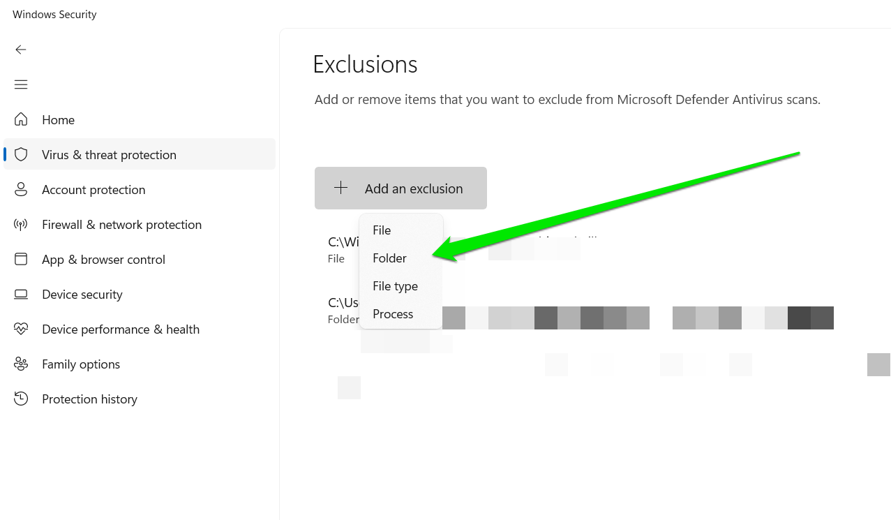 Click on the <em>Add an exclusion</em>