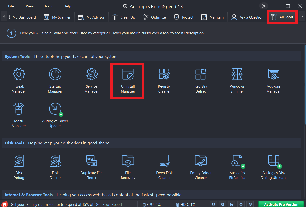 Auslogics BoostSpeed 13 Uninstall Manager