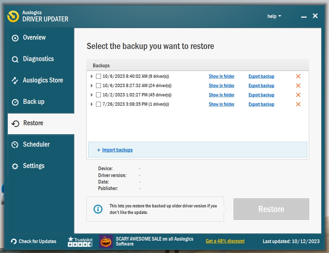 Auslogics Driver Updater Select the backup you want to restore