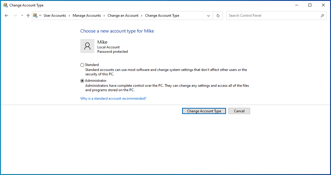 Choose a new account type