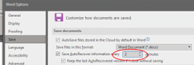 Focus on the Save AutoRecover information every … option, and reduce the time allotted to this function. Reducing it to 2 minutes is fine.