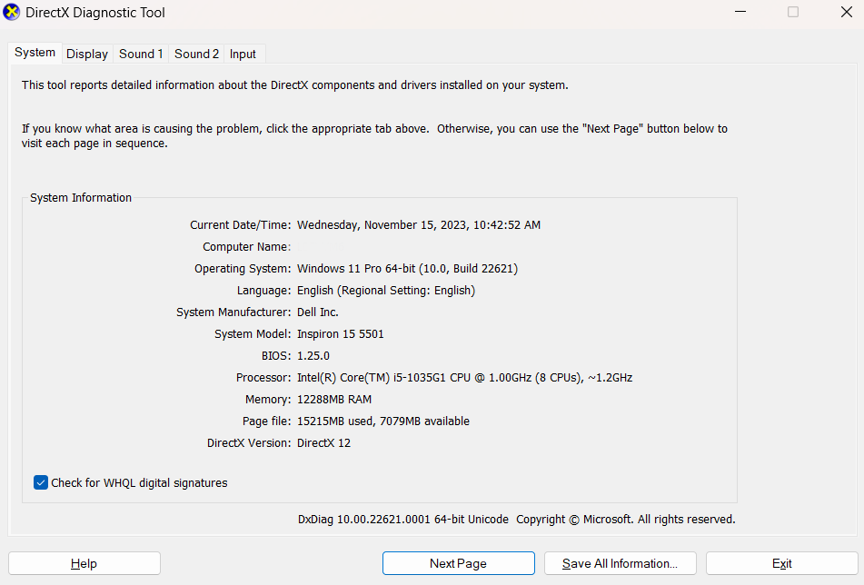 DirectX Diagnostic Tool